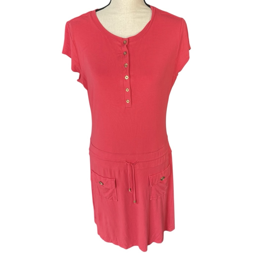 CHELSEA & THEODORE Drop Waist Casual Dress Women's 12 Coral Pink Drawstring